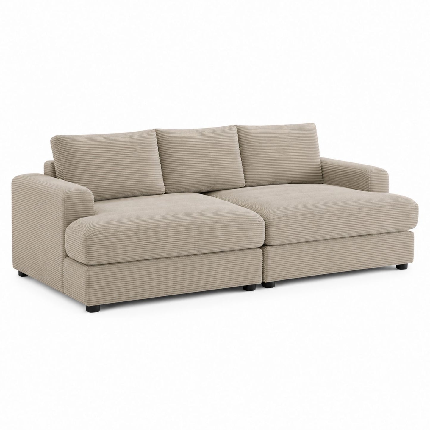 Beige Corduroy L-Shaped Sectional Sofa with Wooden Frame