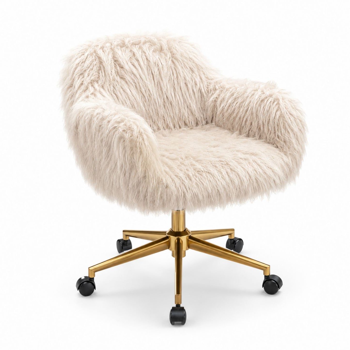Faux Fur Swivel Chair with Gold Metal Base and Wheels, Beige, 80 cm