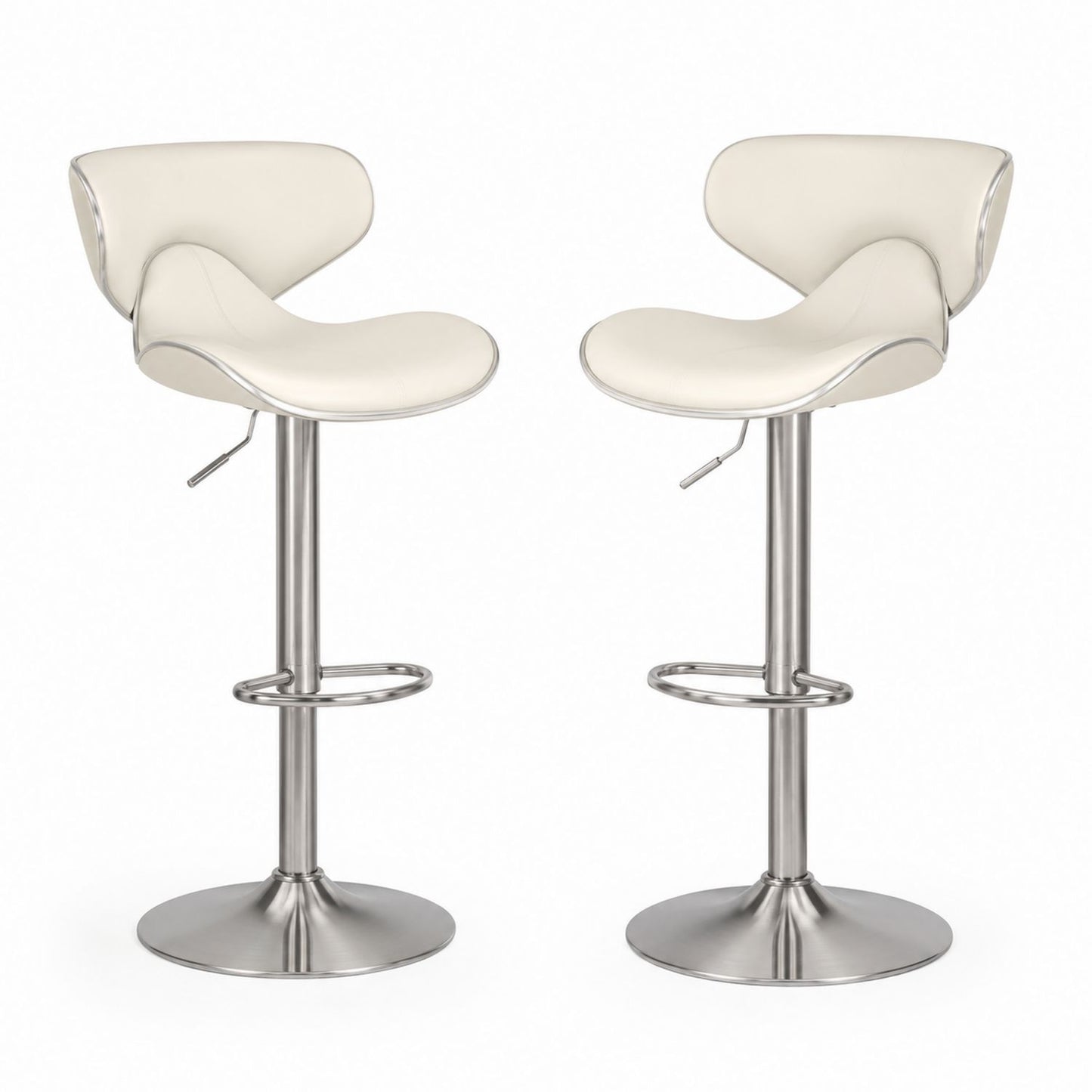 Set of 2 Adjustable Height Bar Stools with PU Leather and Metal Base in Cream
