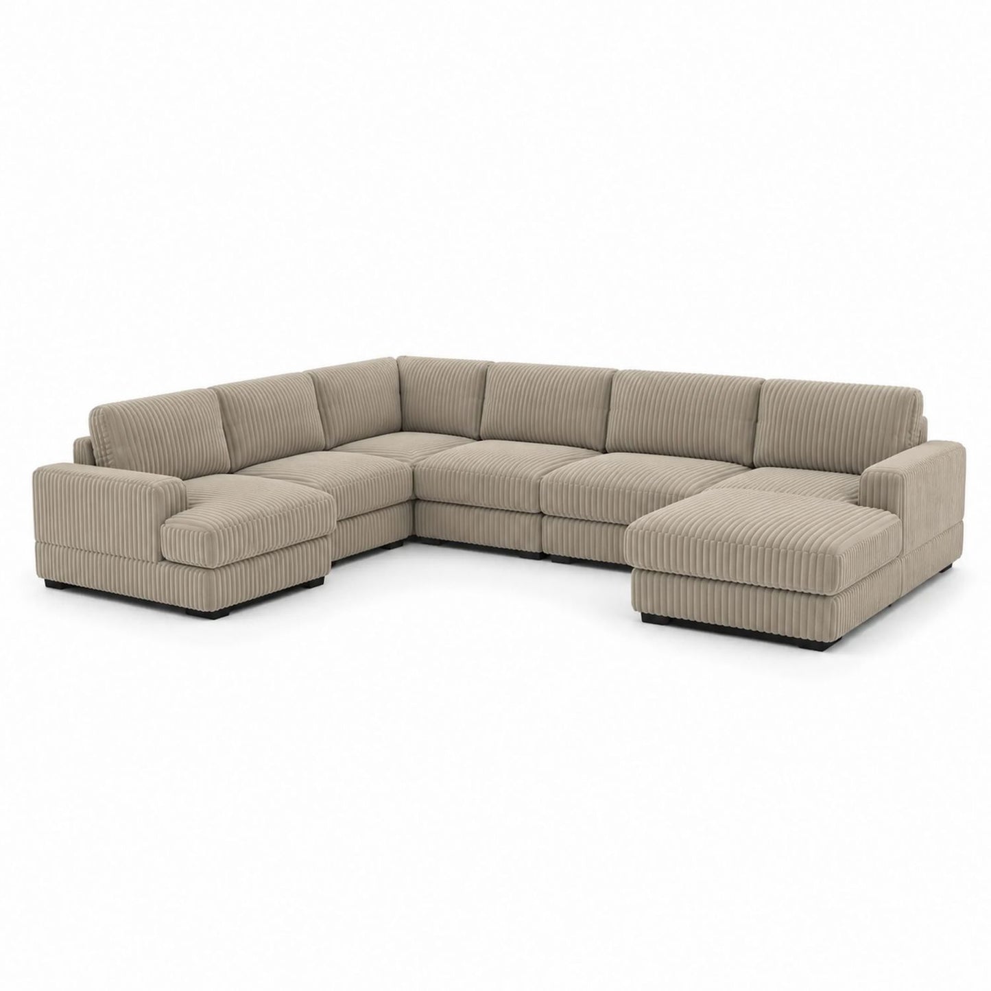 Beige Corduroy L-Shaped Sectional Sofa 6-Seater