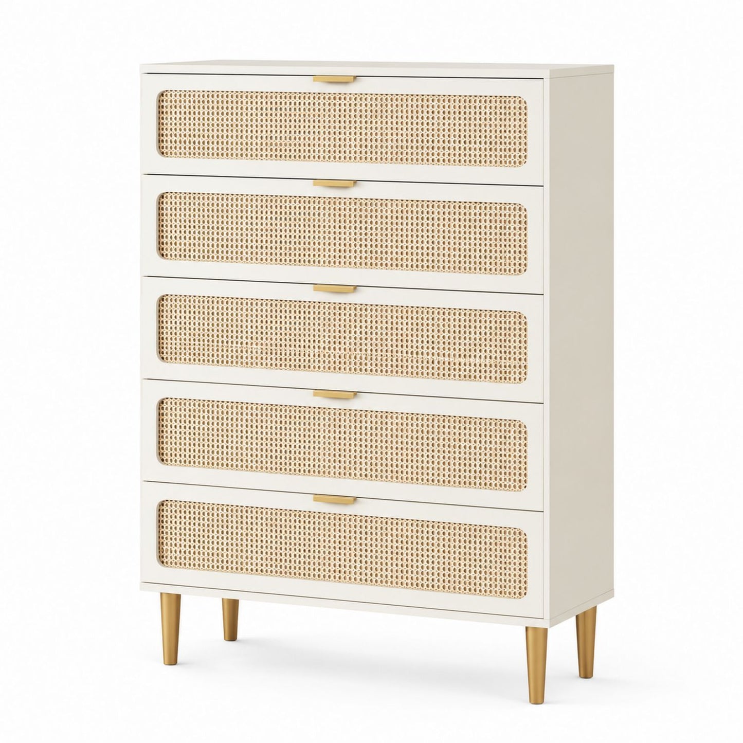 Wood and Rattan 5-Drawer Dresser White and Natural