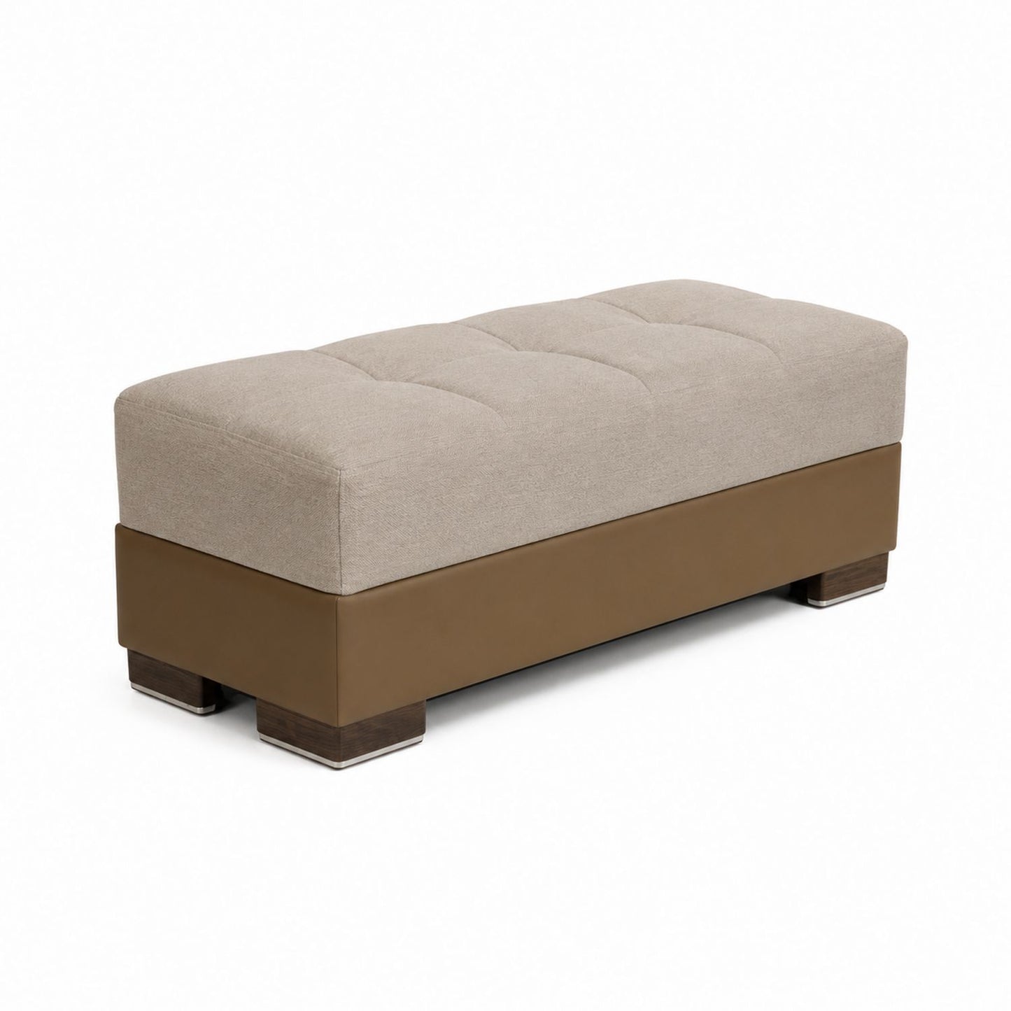 Rectangular Polyester and Faux Leather Ottoman Beige Brown 120cm