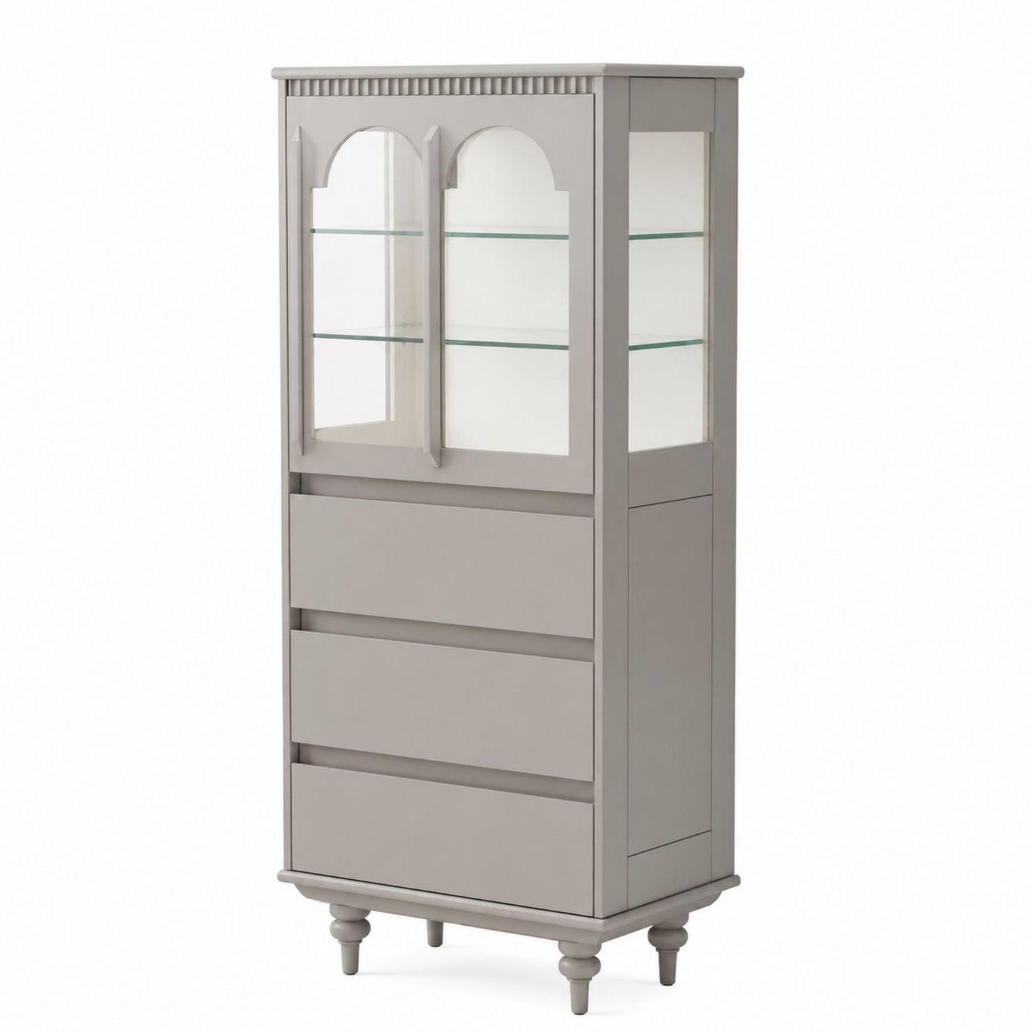 Grey Wood and Tempered Glass Display Cabinet with Drawers 180cm