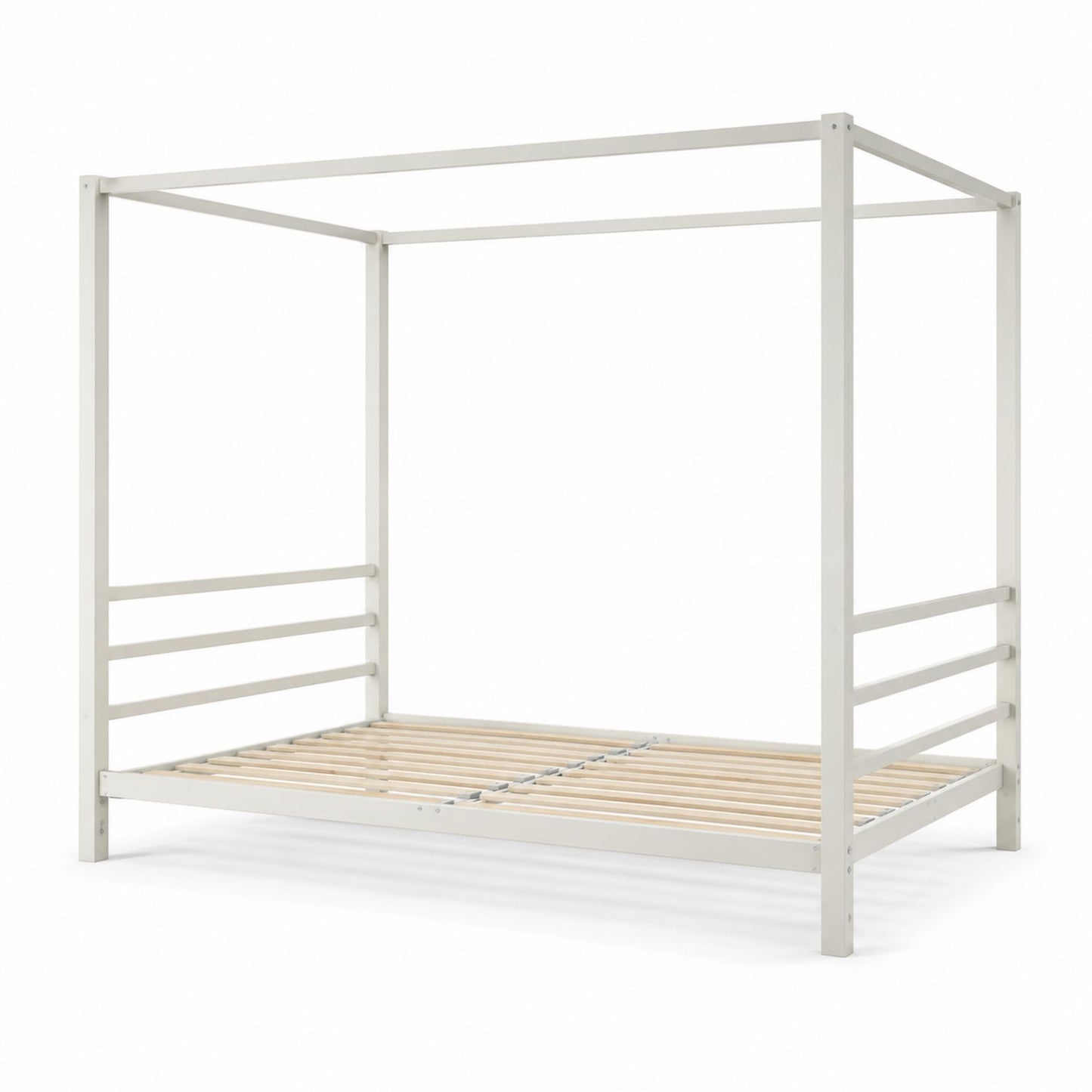 White Metal Canopy Bed Frame with Birch Wood Slats
