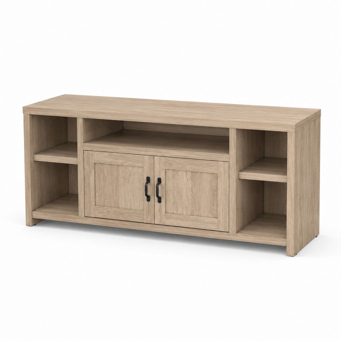 Wood TV Stand Oak Finish with Shelves and Cabinets 152cm