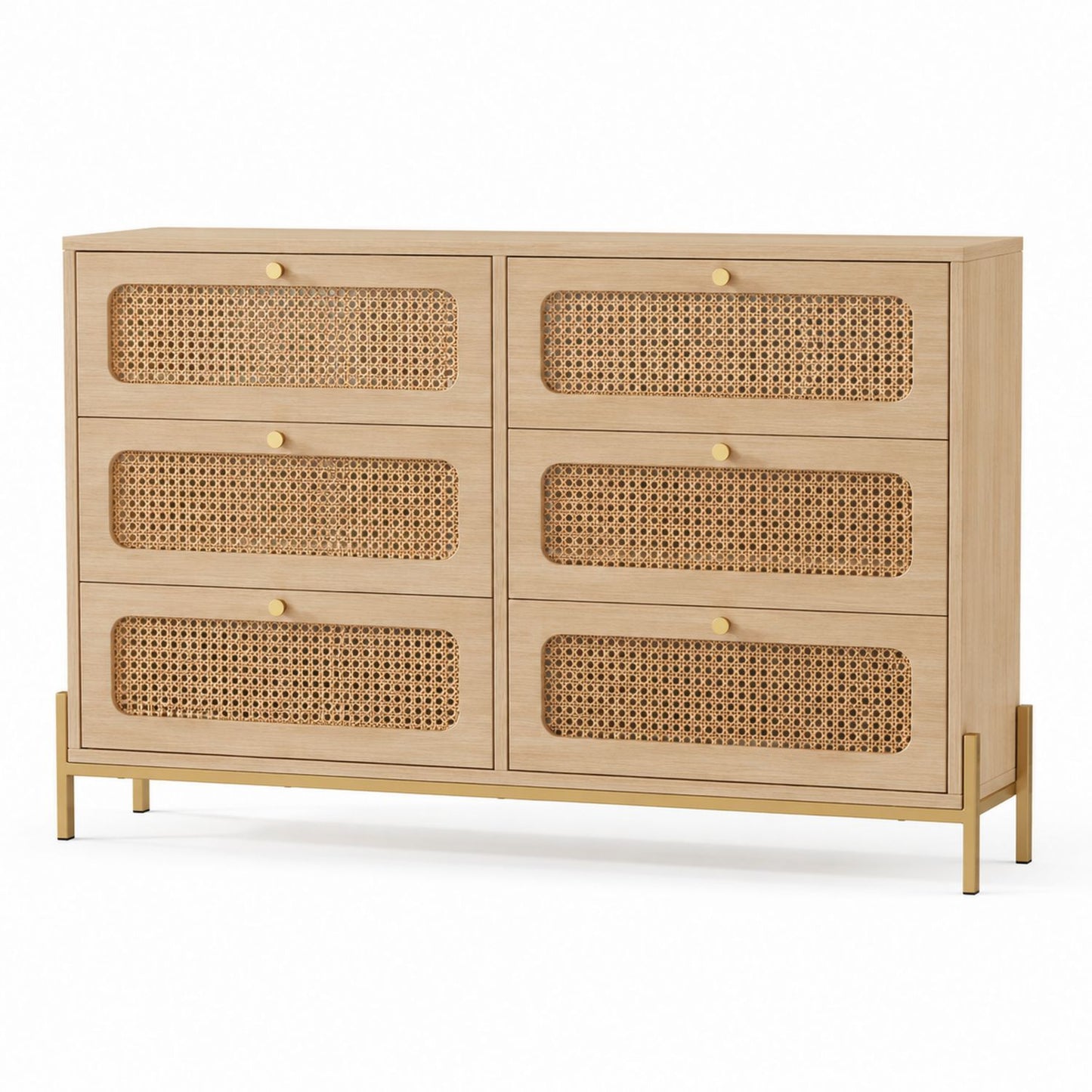 Wood Rattan Cane Dresser with Brass Metal Legs 6-Drawer Natural 120cm x 40cm x 85cm