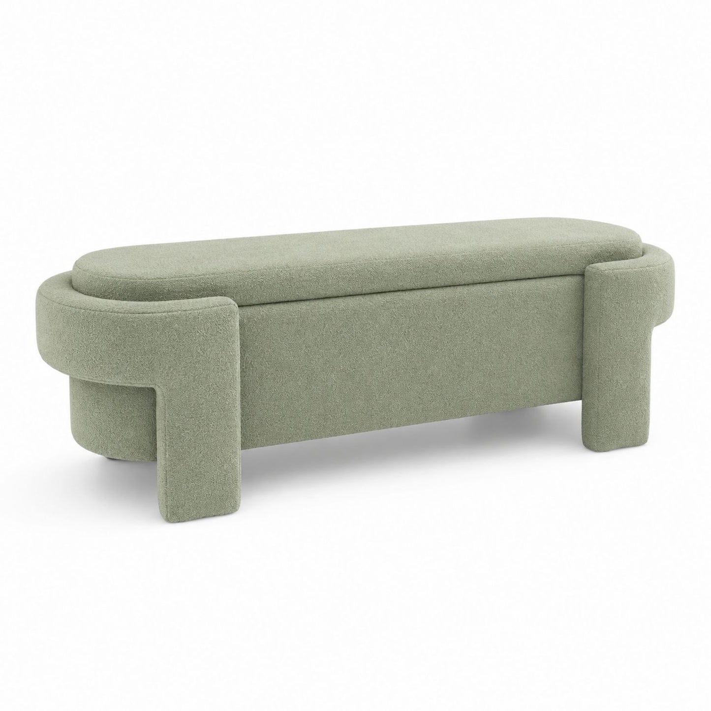 Sage Green Bouclé Upholstered Bench with Rounded Corners