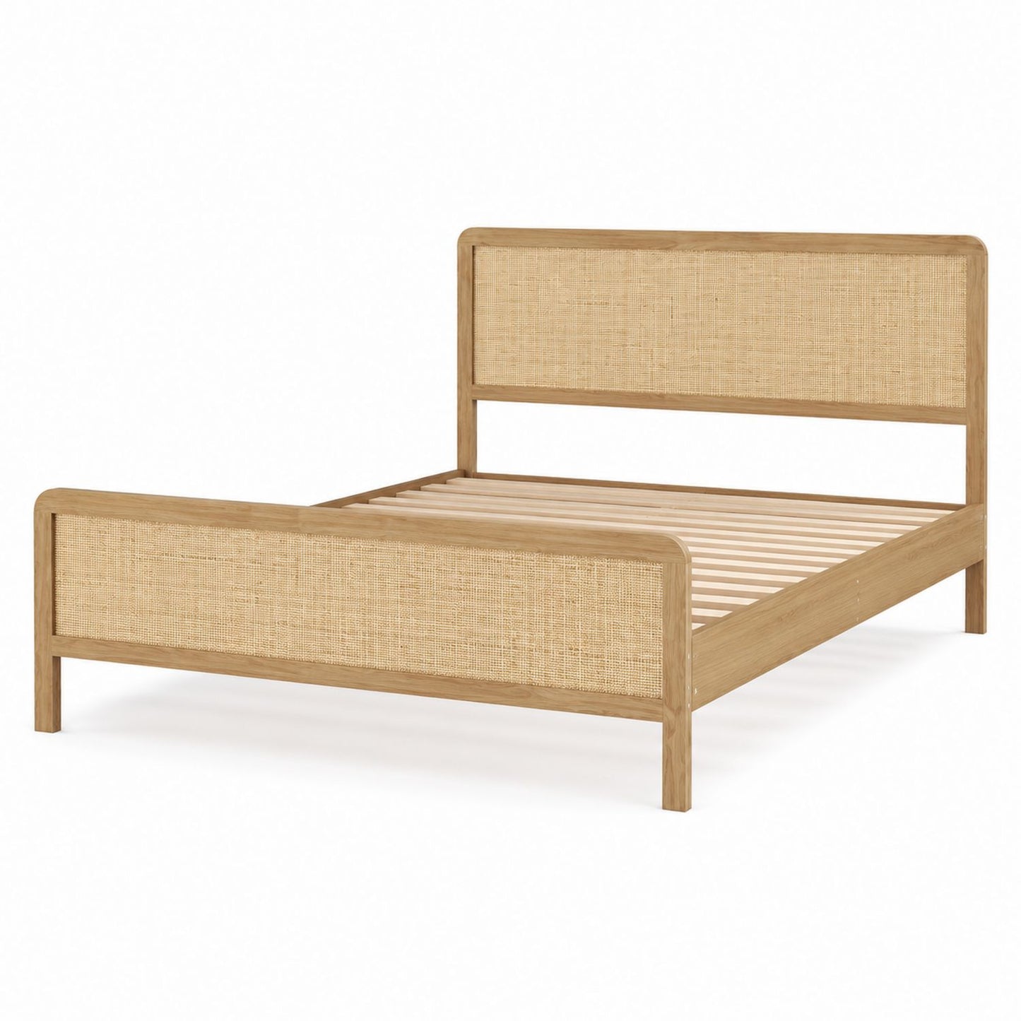 Queen Size Wooden Bed with Rattan Panels 80x60x40 inches
