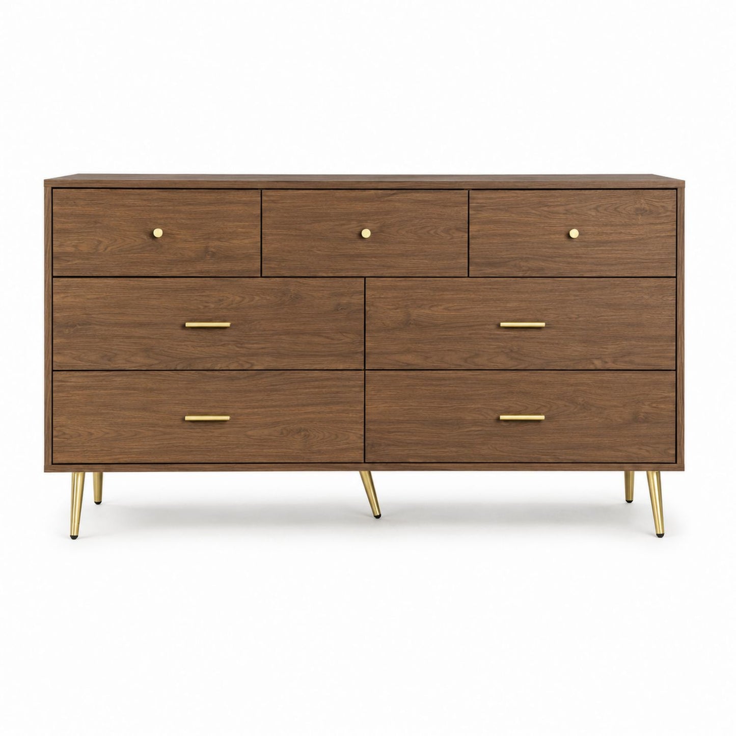 Walnut Veneer Dresser with 7 Drawers and Brass Accents 75cm High