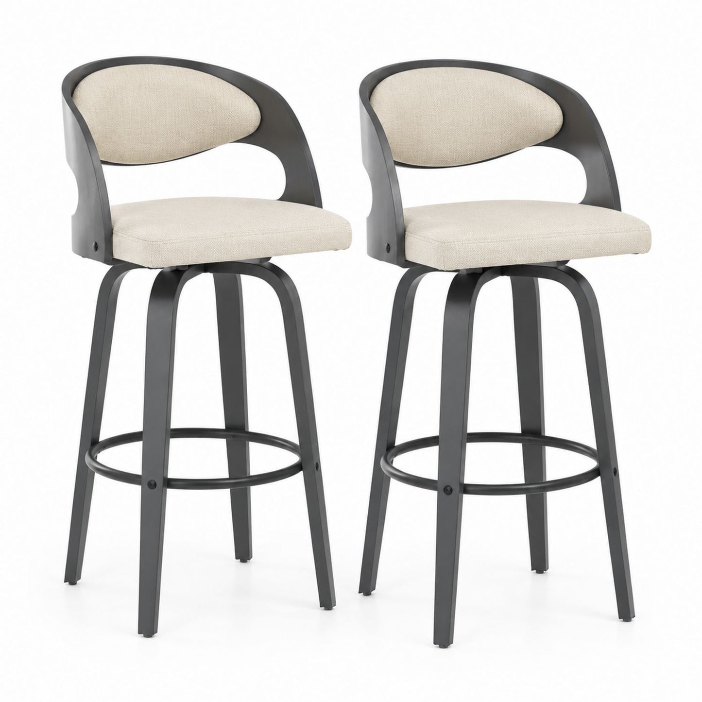 Set of 2 Swivel Bar Stools Fabric Upholstered Metal Frame Beige