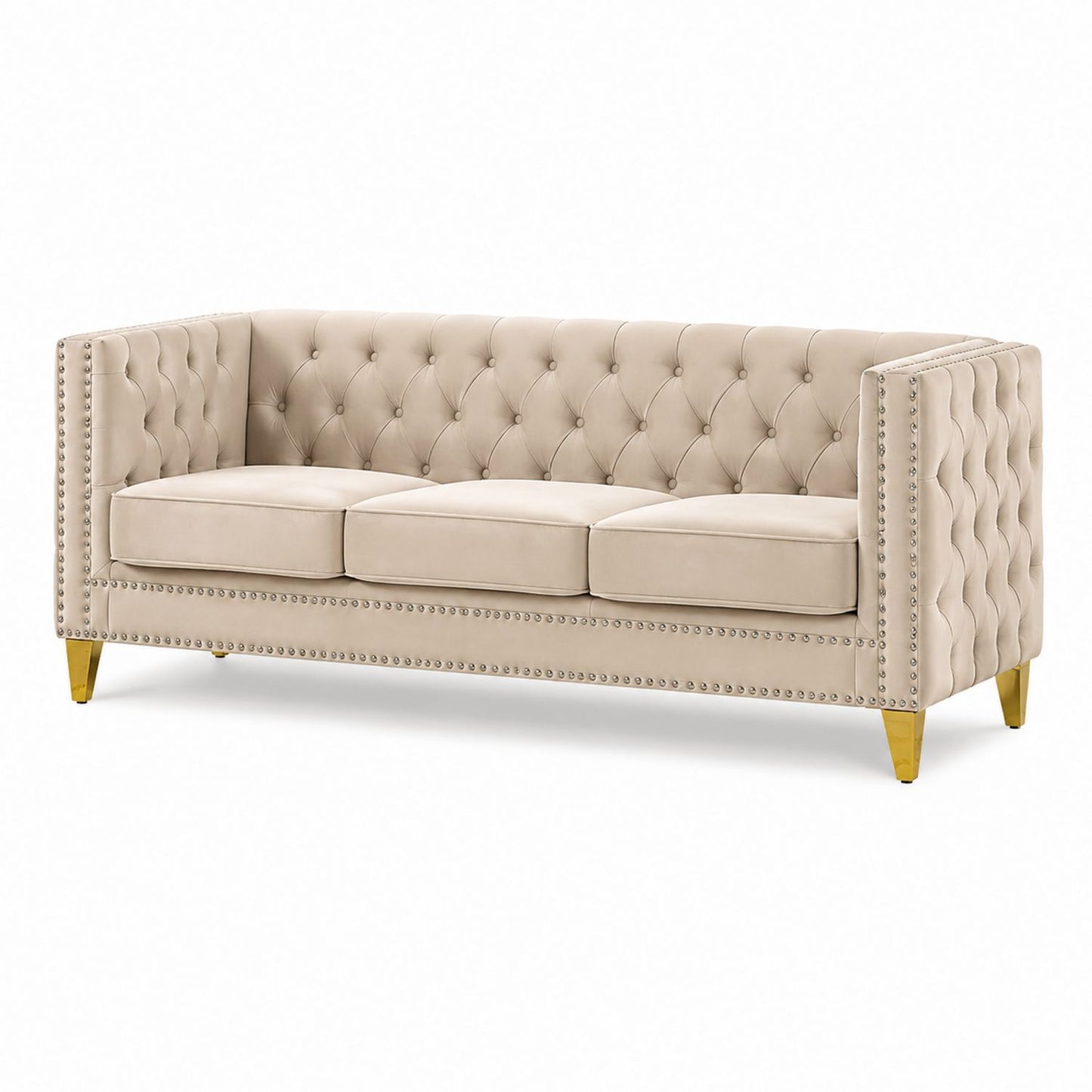 3-Seater Velvet Sofa Beige with Iron Legs