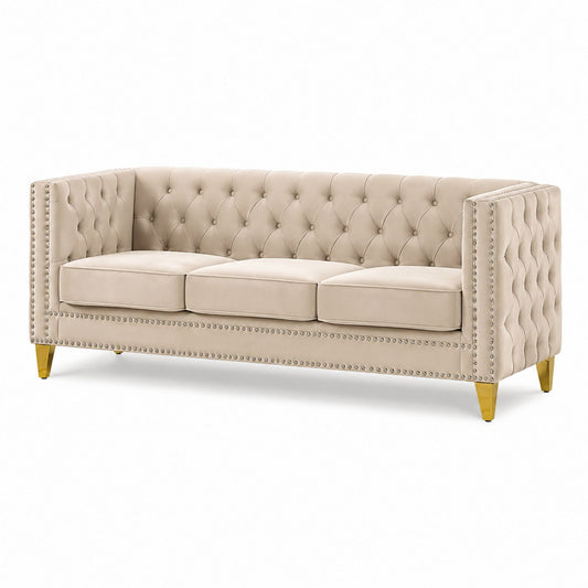 3-Seater Velvet Sofa Beige with Iron Legs