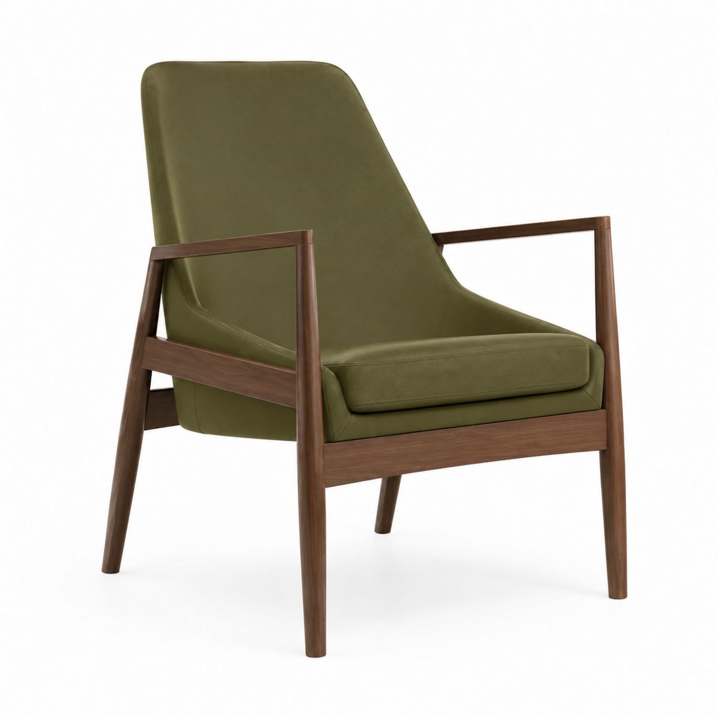 Mid-Century Modern Olive Green Velvet Lounge Chair with Wood Frame
