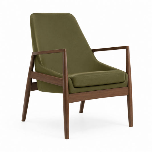 Mid-Century Modern Olive Green Velvet Lounge Chair with Wood Frame