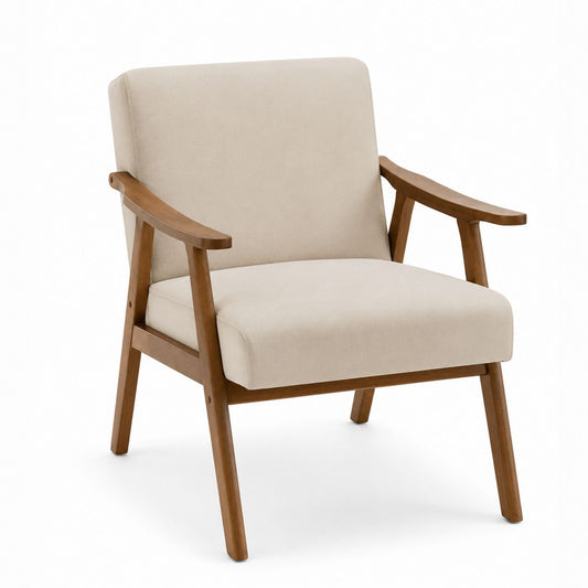 Beige Fabric Armchair with Solid Wood Frame