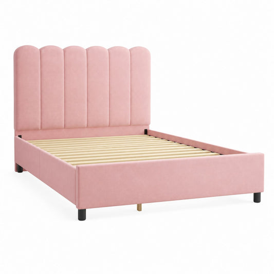 Pink Velvet Upholstered Bed with Scalloped Headboard