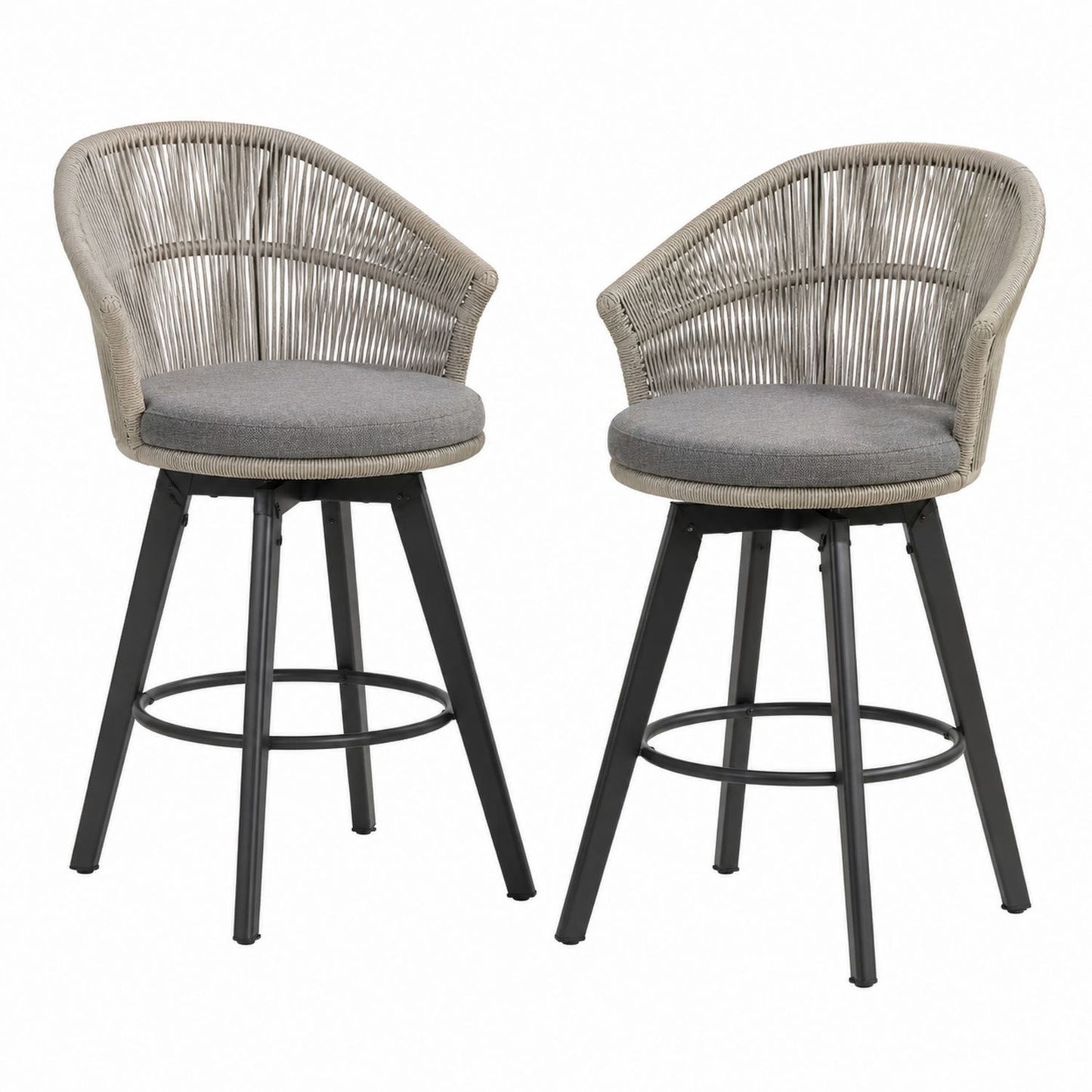 Set of 2 Swivel Bar Stools with Metal Frame and Rope Backrest