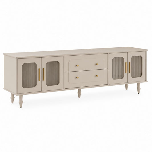 Wooden TV Stand with Tempered Glass Doors and Drawers 180cm Beige