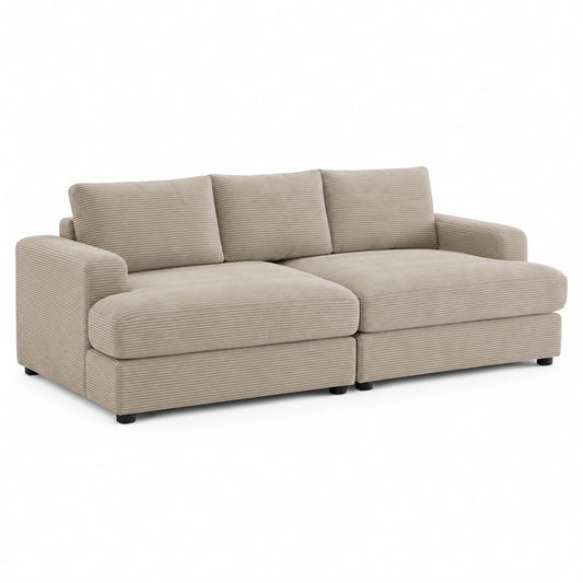 Beige Corduroy L-Shaped Sectional Sofa with Wooden Frame
