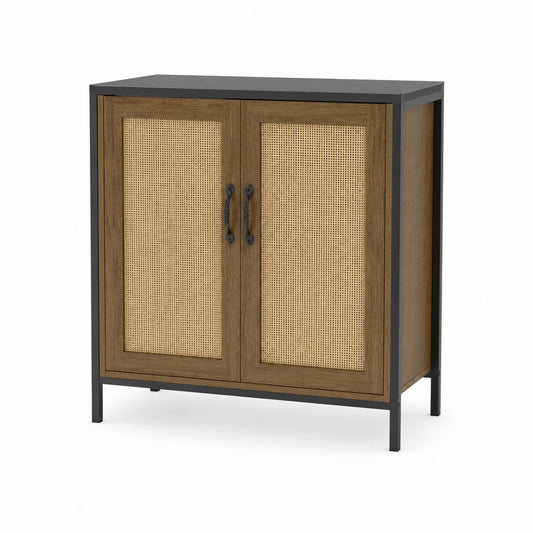 Metal Frame Cabinet with Wood and Rattan Doors Black Brown 80x60x30 cm