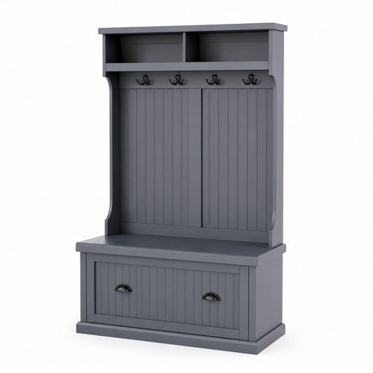 Gray MDF Wood Entryway Coat Rack with Hooks and Storage Bench