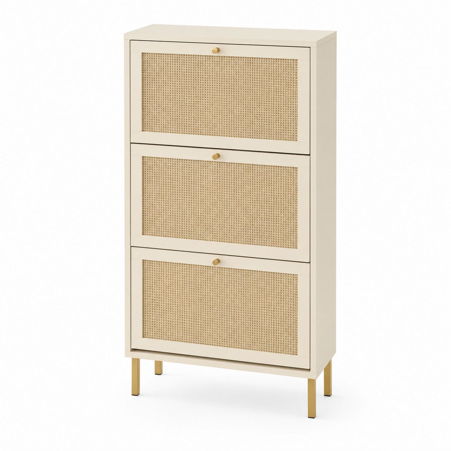 3-Tier Wooden Shoe Storage Cabinet with Rattan Doors and Metal Legs Beige