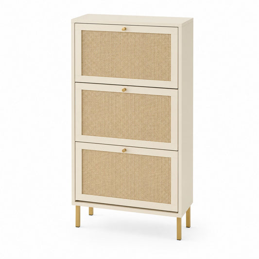3-Tier Wooden Shoe Storage Cabinet with Rattan Doors and Metal Legs Beige