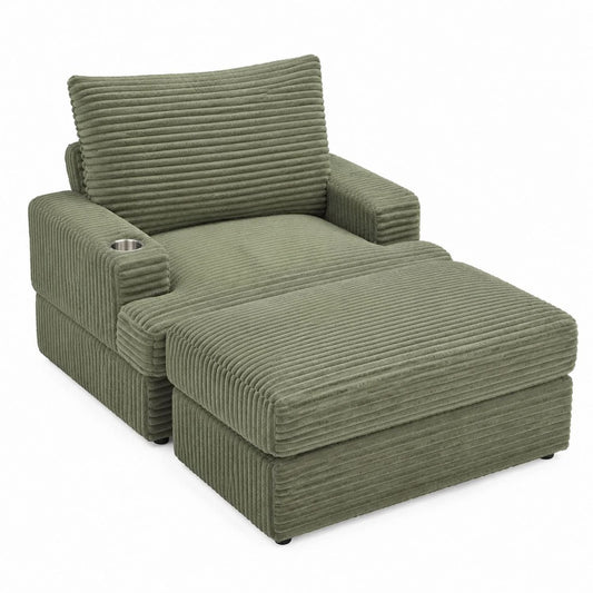 Corduroy Lounge Chair with Ottoman and Cup Holder