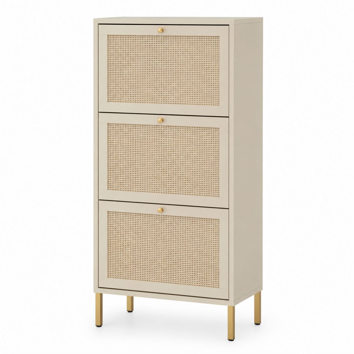3-Tier MDF and Rattan Shoe Cabinet with Metal Legs Cream 40x30x120 cm