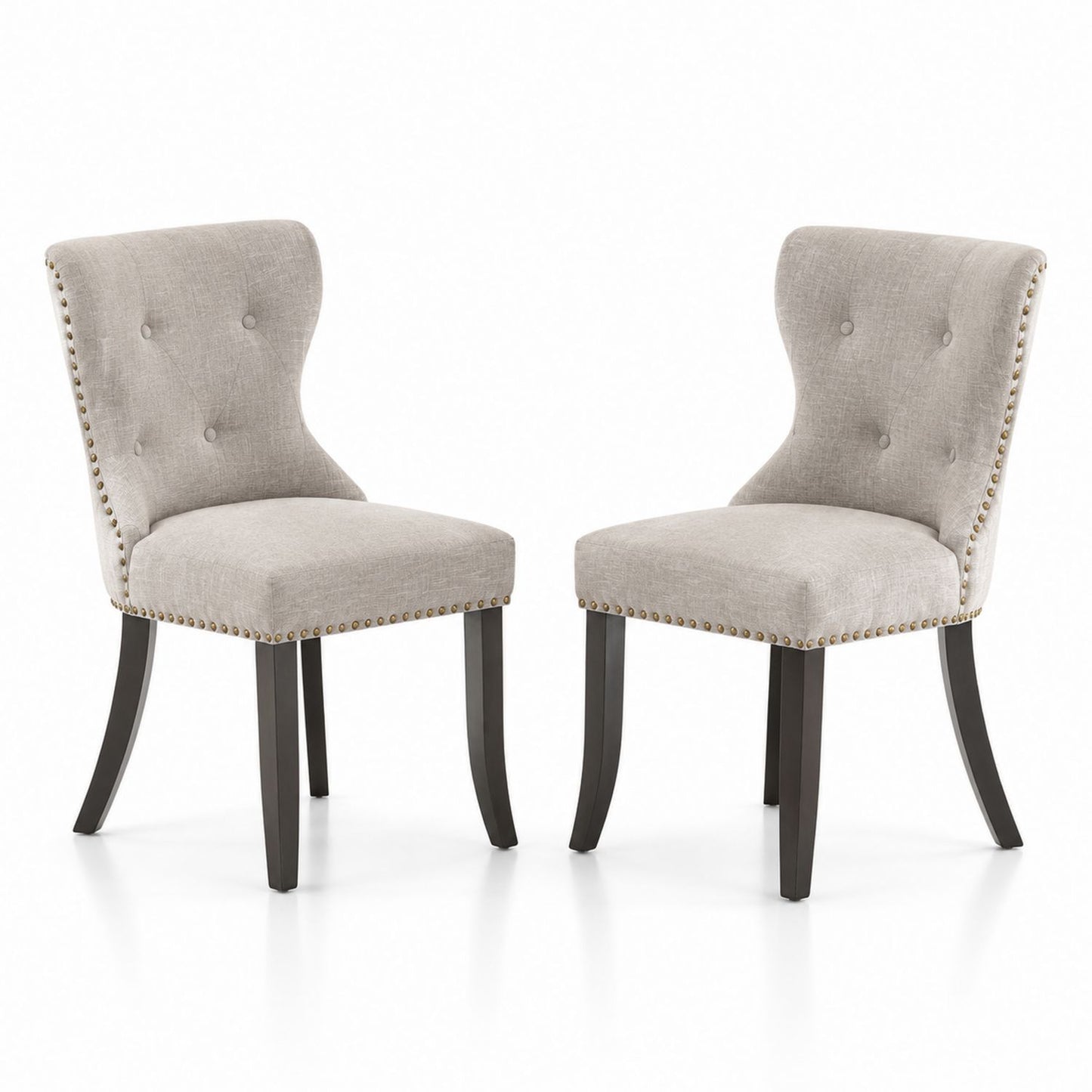 Set of 2 Linen Dining Chairs with Nailhead Trim and Wood Legs Beige