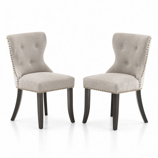 Set of 2 Linen Dining Chairs with Nailhead Trim and Wood Legs Beige