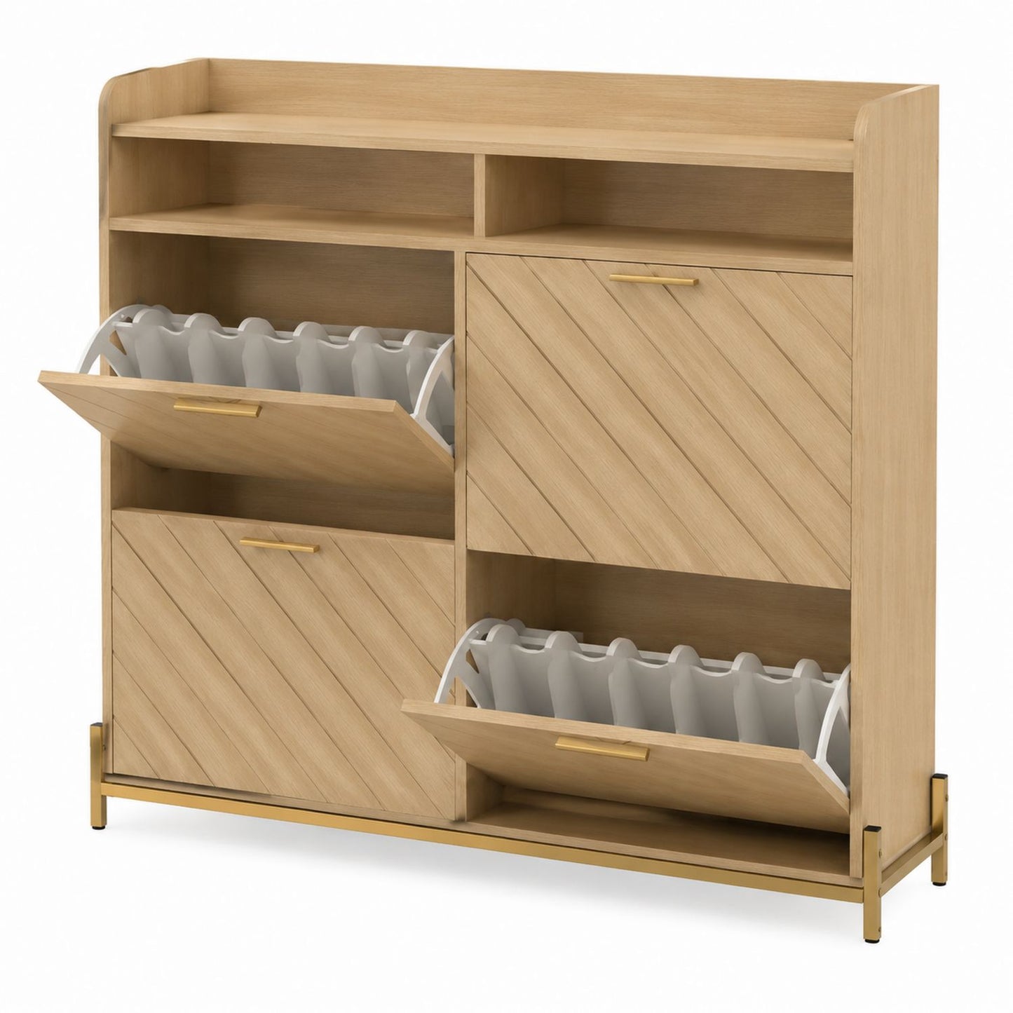 Wooden Shoe Storage Cabinet with Flip-Down Doors and Metal Handles