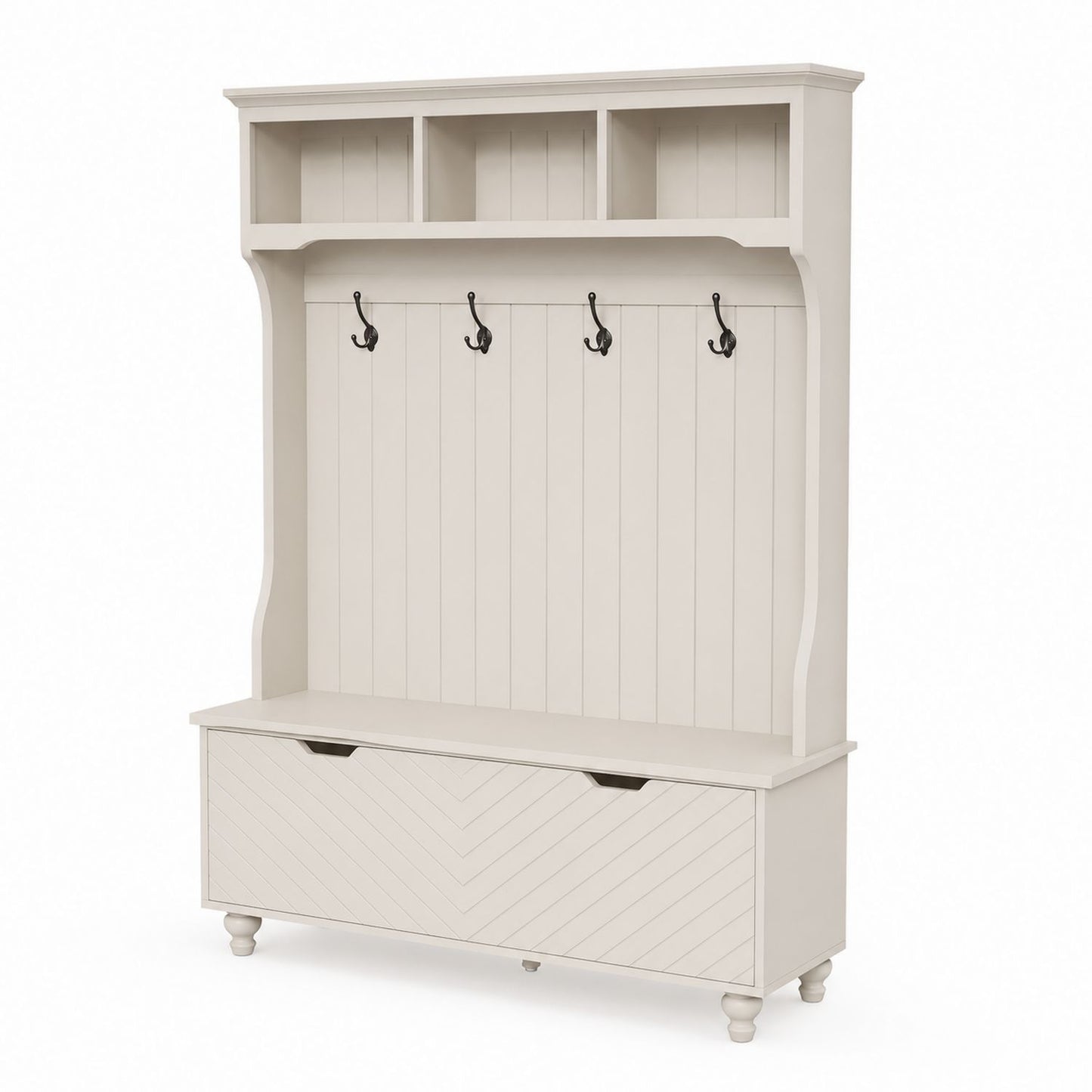 Wooden Entryway Hall Tree with Storage Bench and Coat Hooks Ivory