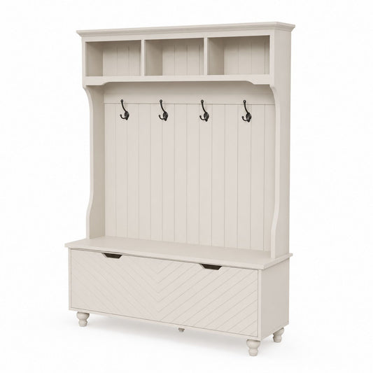 Wooden Entryway Hall Tree with Storage Bench and Coat Hooks Ivory