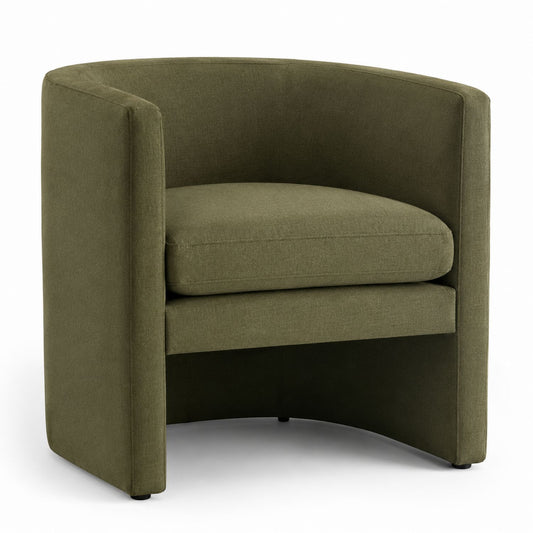 Olive Green Fabric Barrel Chair with Solid Wood Frame