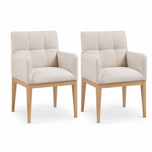 Set of 2 Upholstered Dining Chairs with Beige Fabric and Wood Legs