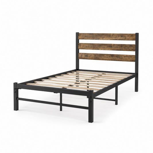 Queen Platform Bed Frame Metal and Wood Black Brown 203 cm