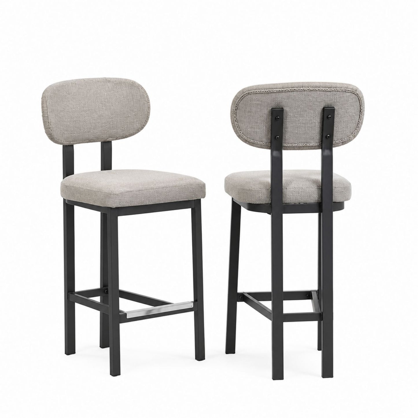 Set of 2 Bar Stools with Fabric Upholstery and Metal Frame in Light Gray