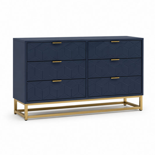 6 Drawer Geometric Pattern MDF Dresser with Metal Base Navy Blue 140cm
