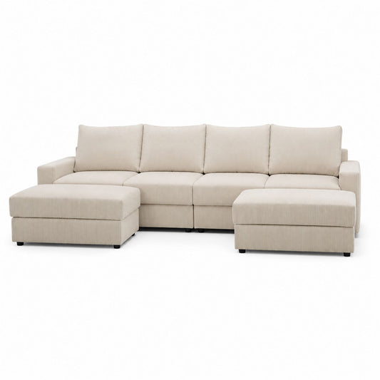 Beige Corduroy Sectional Sofa with Chaise Lounge