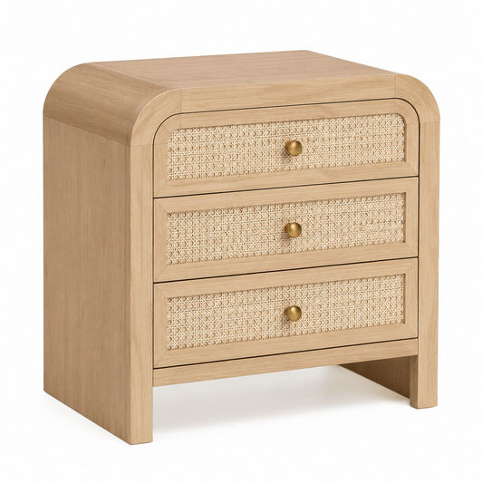 Oak Wood Nightstand with Cane Drawers Beige 3-Drawer Unit
