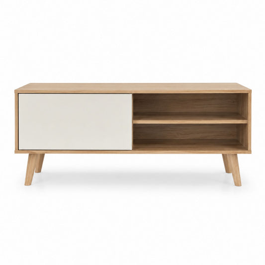Oak Wood TV Stand with White Door and Open Shelves 120cm