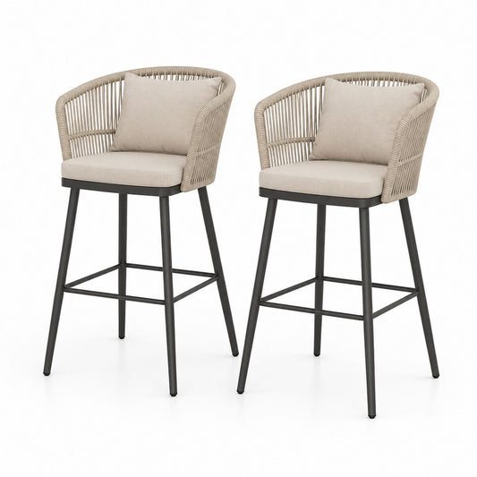 Set of 2 Rope Woven Bar Stools with Metal Frame and Cushions Beige