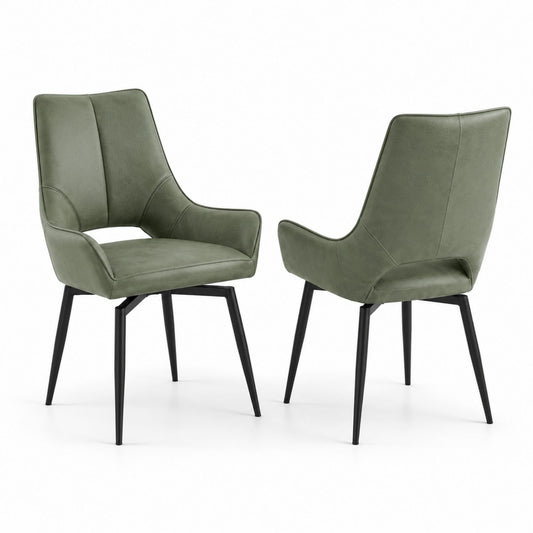 Set of 2 Green Faux Leather Dining Chairs with Armrests and Metal Legs