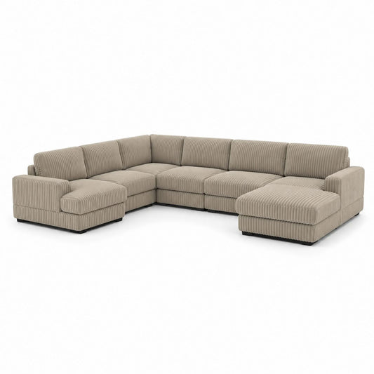 Beige Corduroy L-Shaped Sectional Sofa 6-Seater