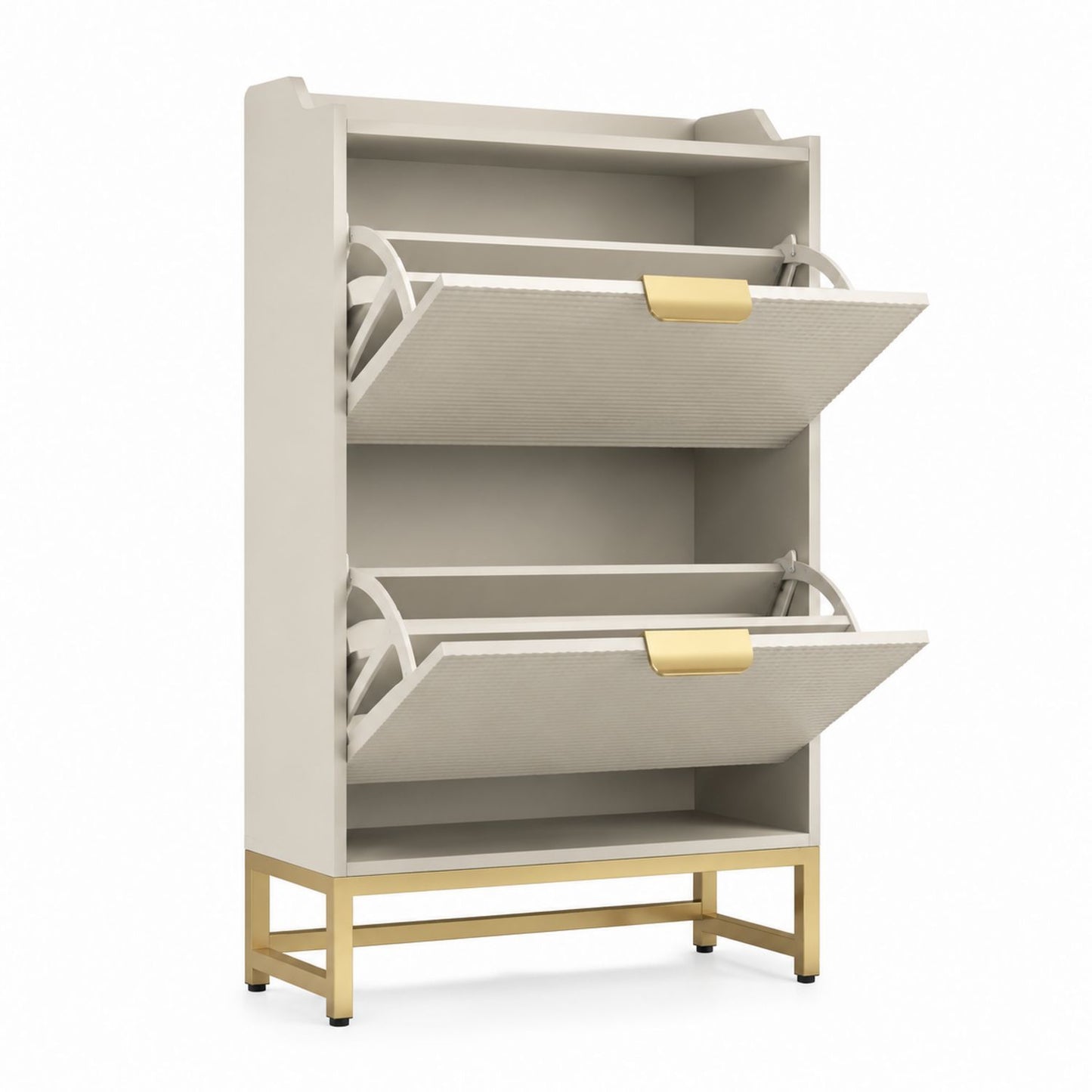 Beige Engineered Wood Shoe Cabinet with Metal Frame