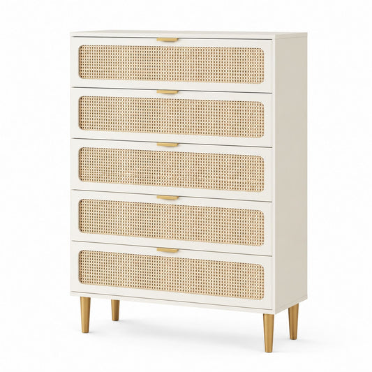 Wood and Rattan 5-Drawer Dresser White and Natural
