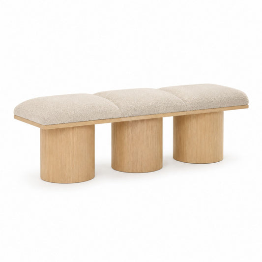 Wood Bench with Beige Polyester Cushions, 150cm Length