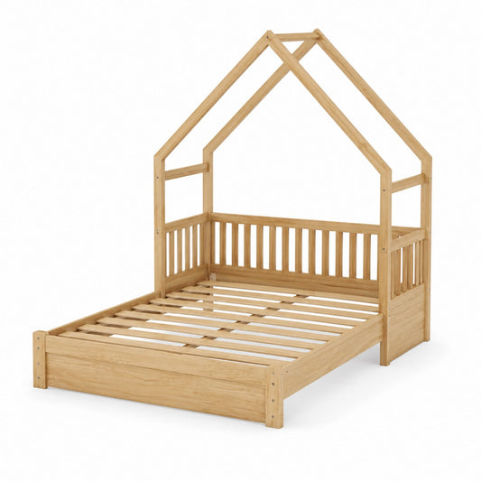 Wooden House Bed Frame with Slats Natural Finish 200cm x 100cm