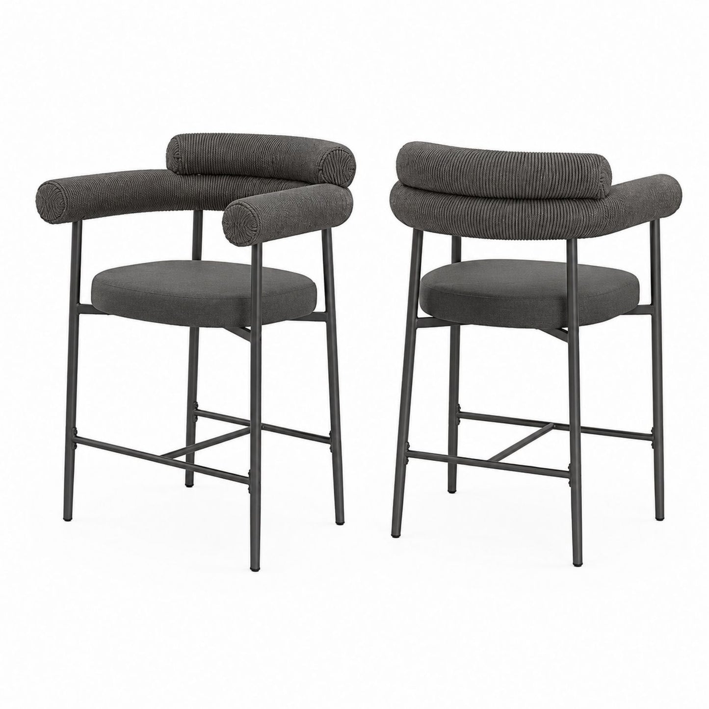 Set of 2 Bar Stools with Fabric Upholstery and Black Metal Frame in Dark Gray